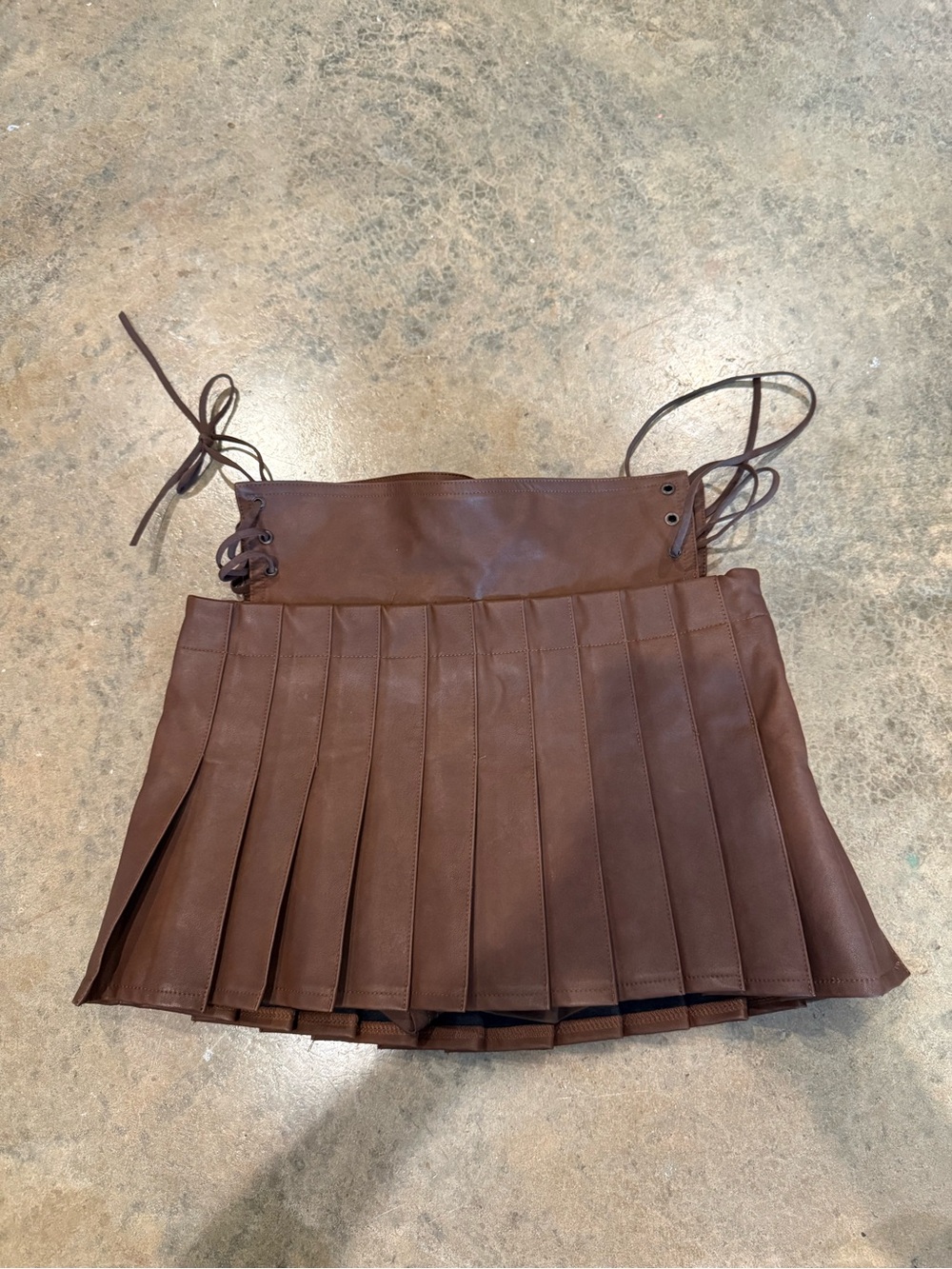 Brown Pleated Leather Mini Skirt - Picture 2 of 7